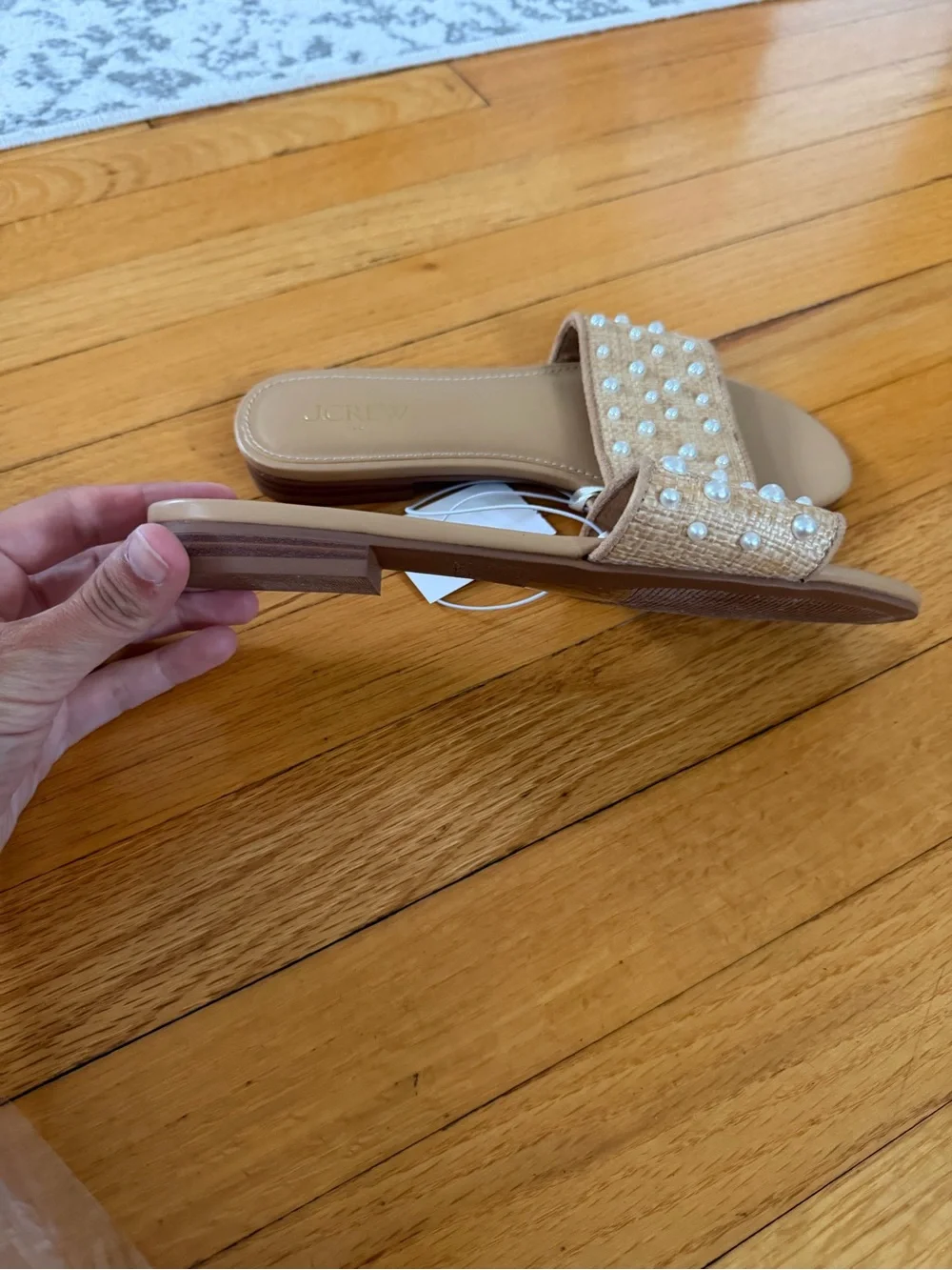 J. Crew Beige Pearl-Embellished Slide Sandals